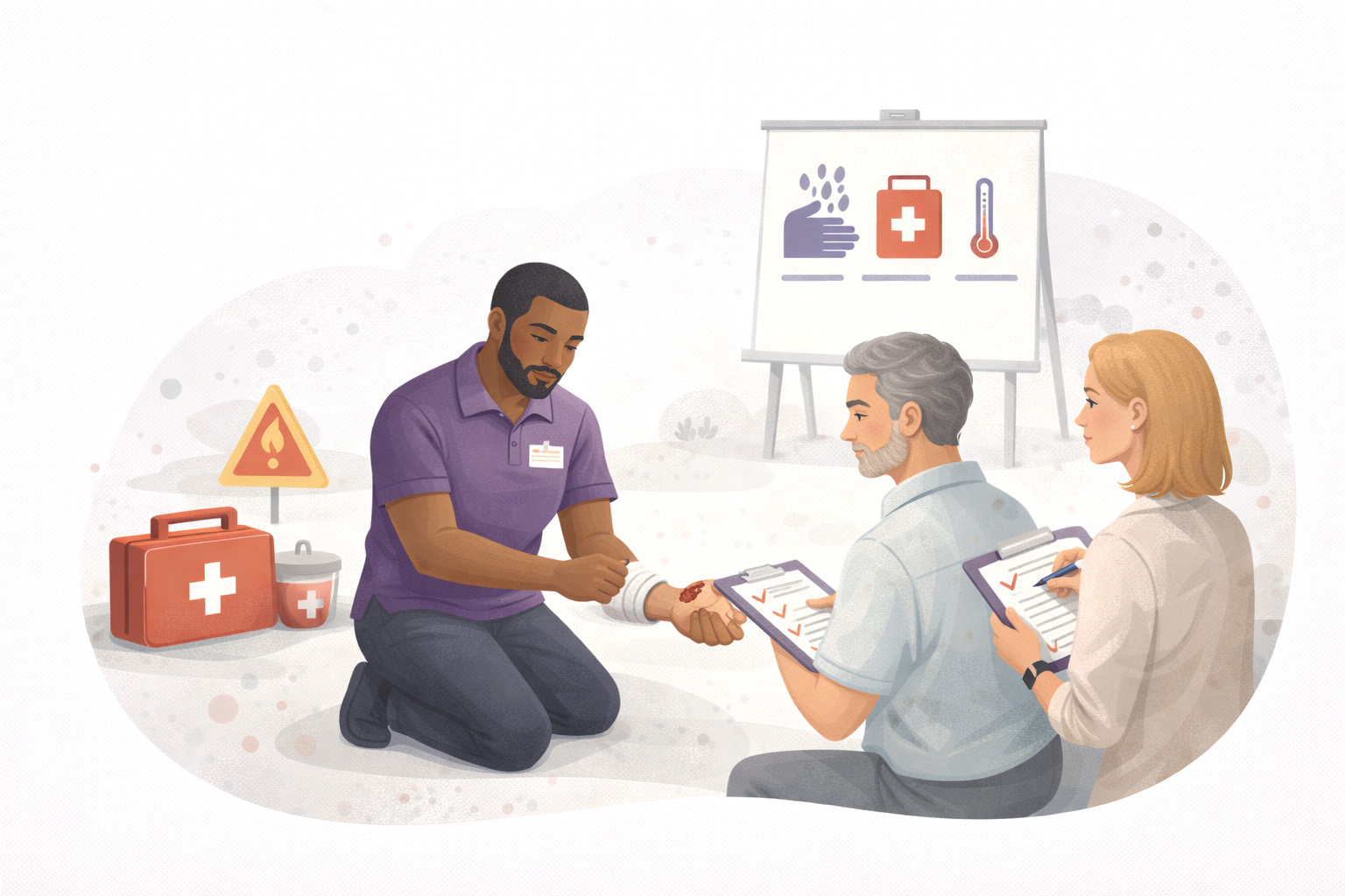 First aid instructor demonstrating wound care and bandaging during a practical workplace first aid training session, with participants observing and completing assessment checklists.