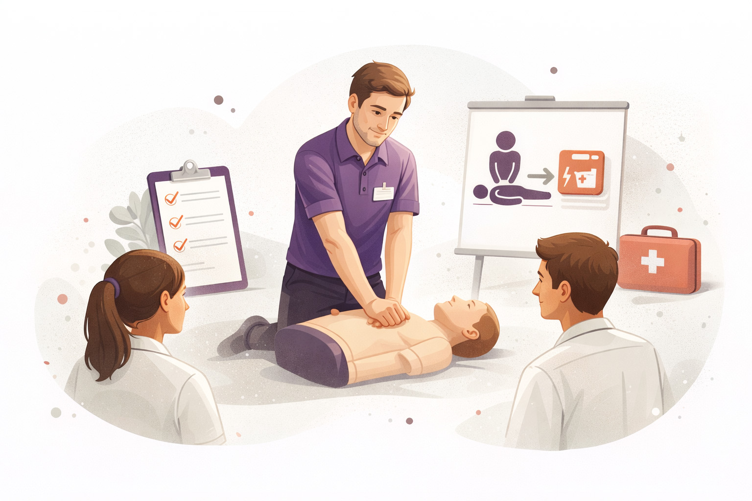 First aid instructor demonstrating CPR on a training manikin during a practical classroom session, with participants observing and learning emergency response skills.