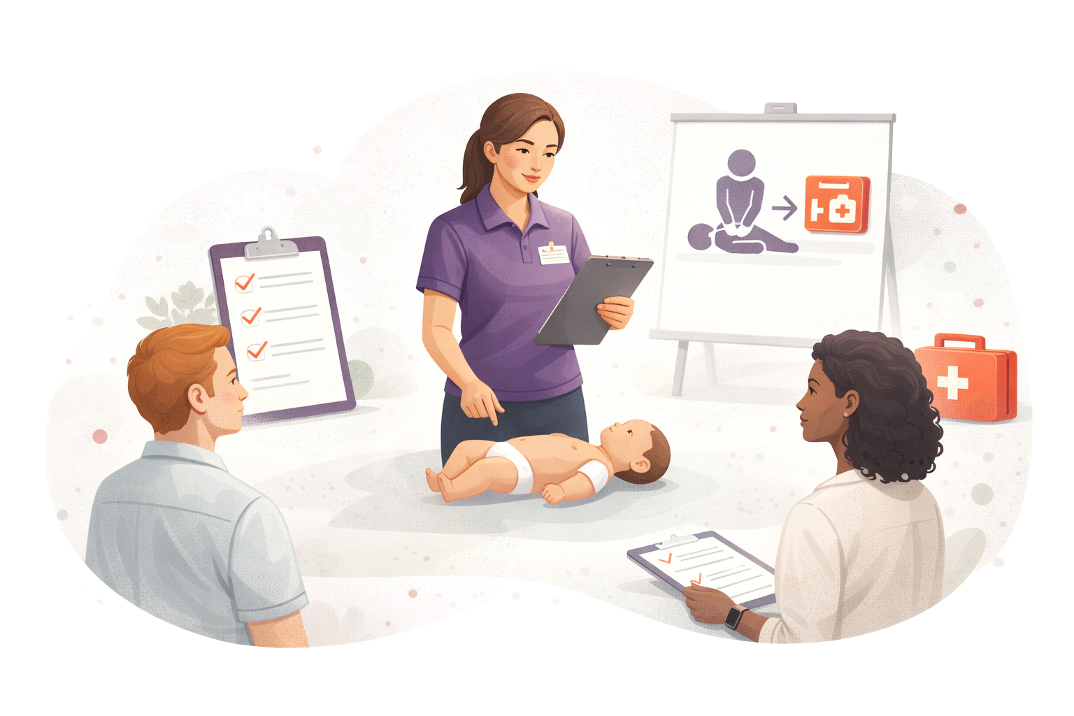 Instructor demonstrating paediatric first aid training to parents and childcare professionals