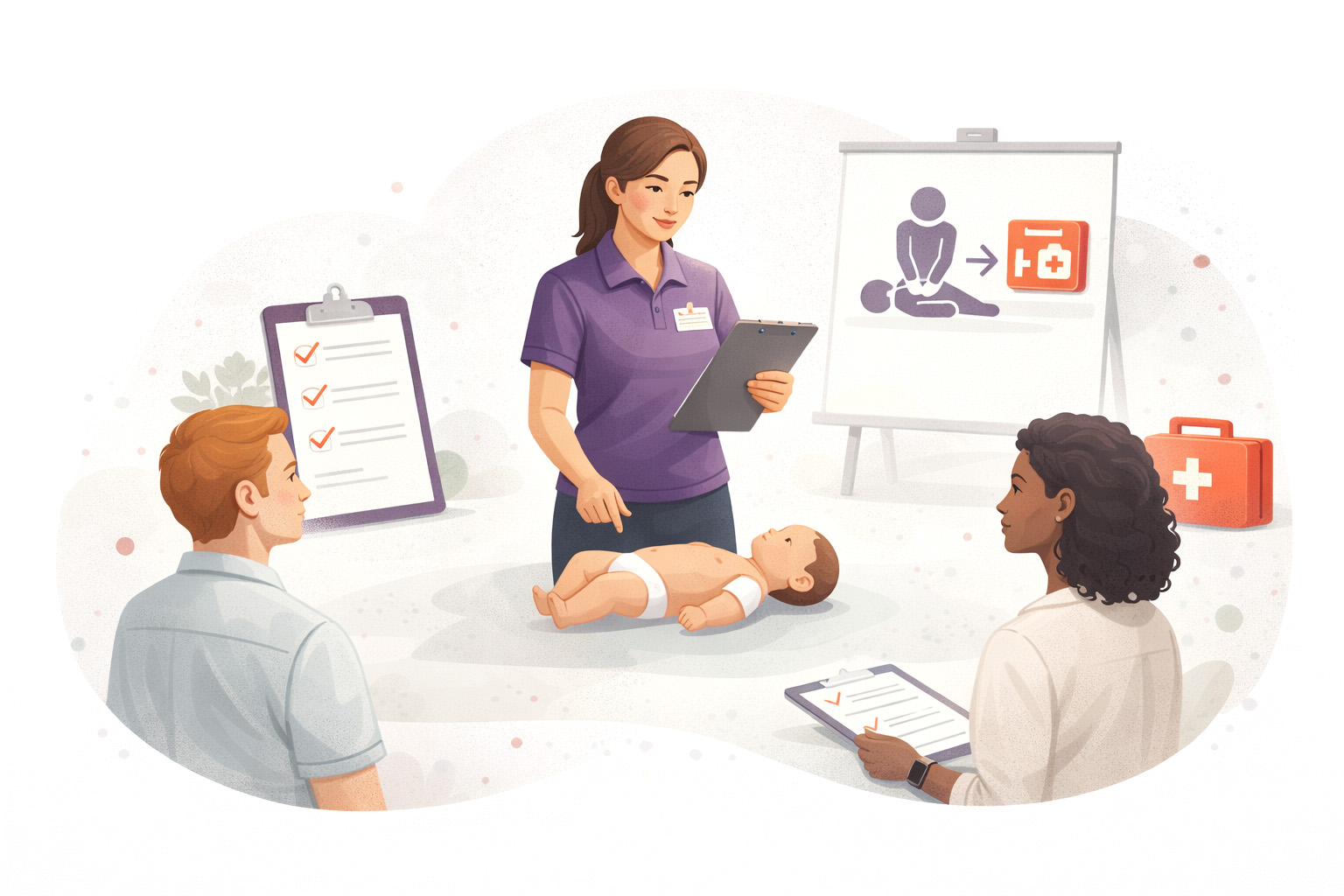 Instructor demonstrating paediatric first aid training to parents and childcare professionals