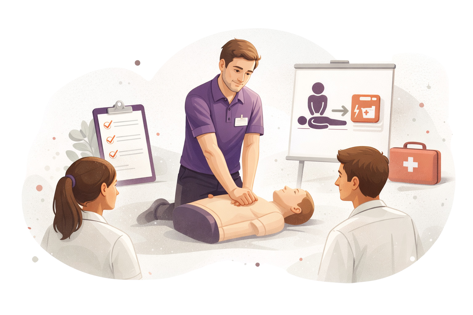 First aid instructor demonstrating CPR on a training manikin during a practical classroom session, with participants observing and learning emergency response skills.