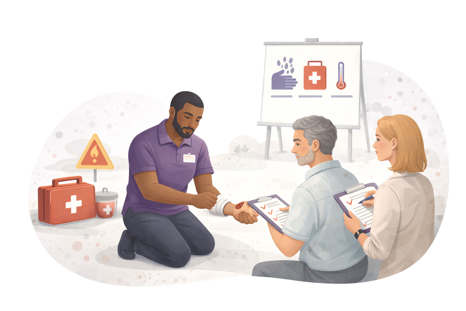 First aid instructor demonstrating wound care and bandaging during a practical workplace first aid training session, with participants observing and completing assessment checklists.